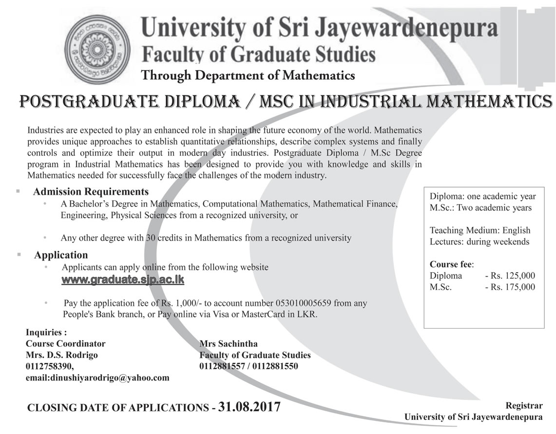 Postgraduate Diploma / MSC in Industrial Mathematics - University of Sri Jayewardenepura